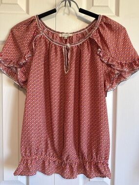 Max Studio Red, navy & White Geometric Short-Sleeve Peasant Top . M